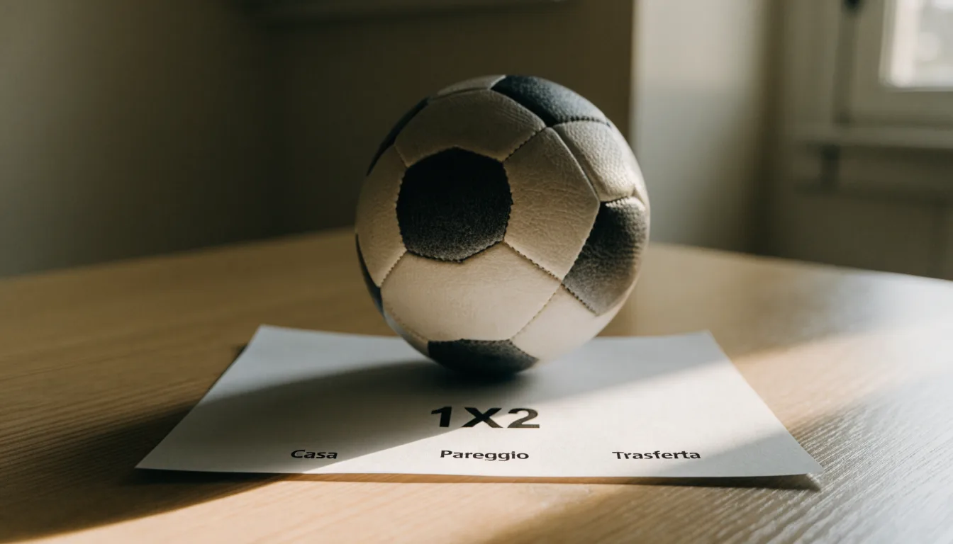 Un pallone da calcio appoggiato su una schedina bianca su un tavolo di legno, alla luce del giorno