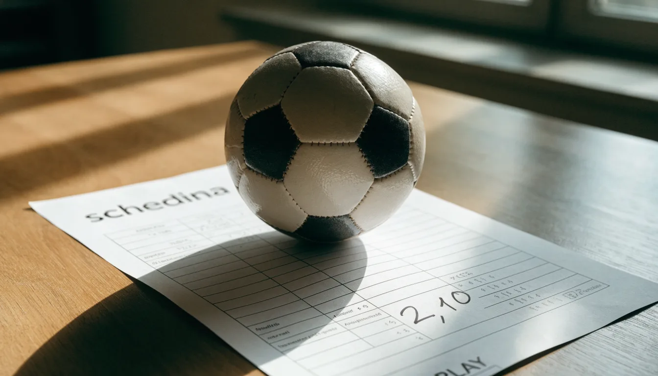 Un pallone da calcio appoggiato su una schedina bianca su un tavolo di legno, alla luce del giorno