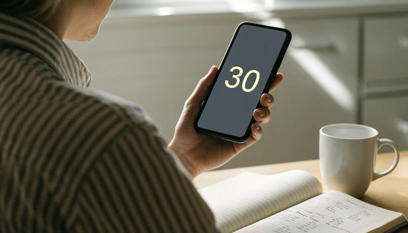Un documento di identità appoggiato accanto a uno smartphone con un timer sullo schermo, su un tavolo da cucina