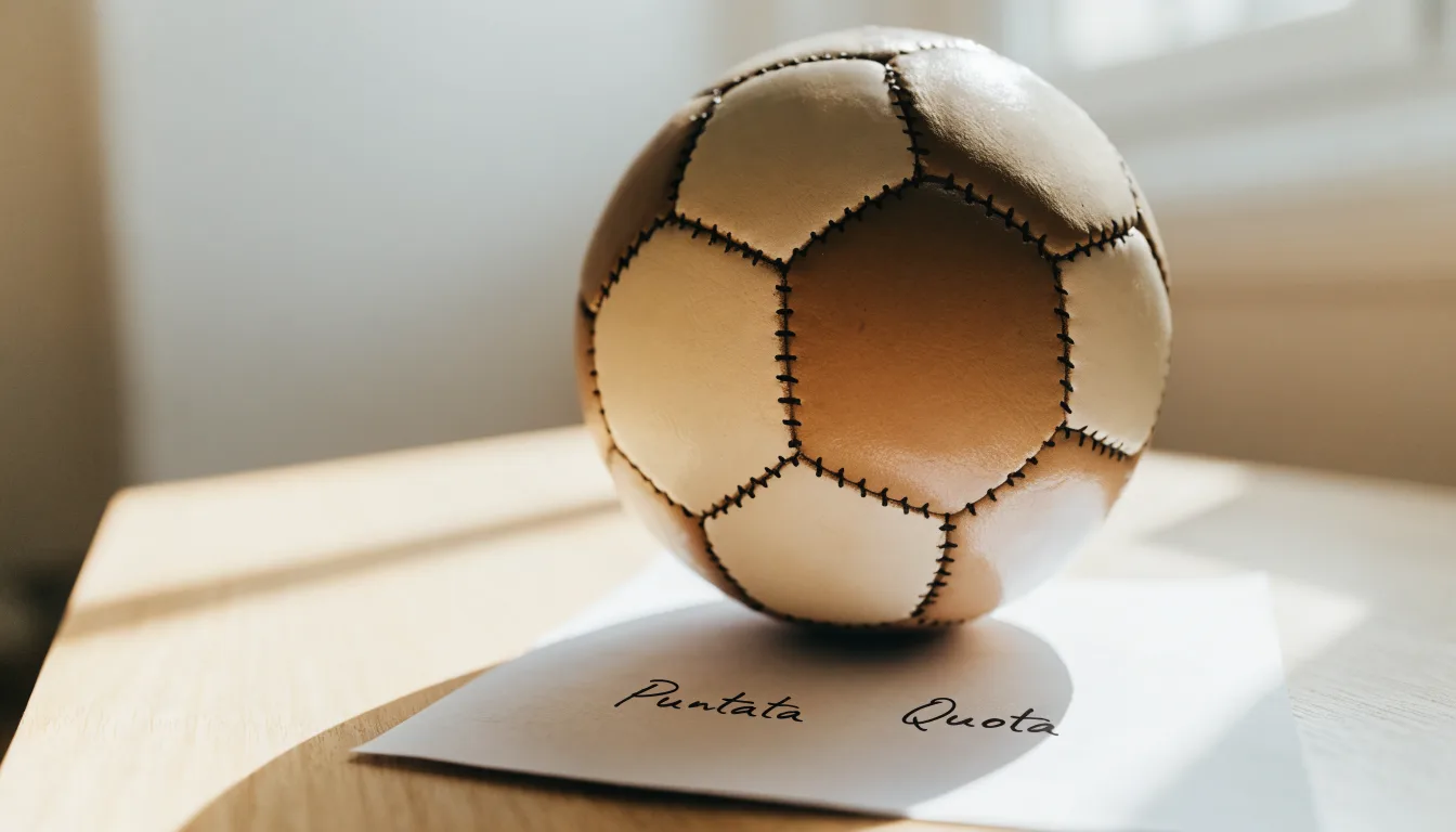 Un pallone da calcio appoggiato su una schedina bianca su un tavolo di legno, alla luce del giorno