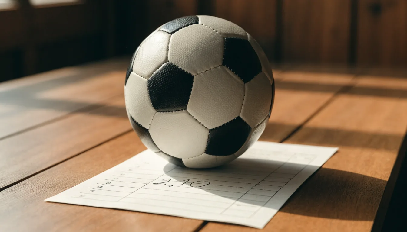 Un pallone da calcio appoggiato su una schedina bianca su un tavolo di legno, alla luce del giorno