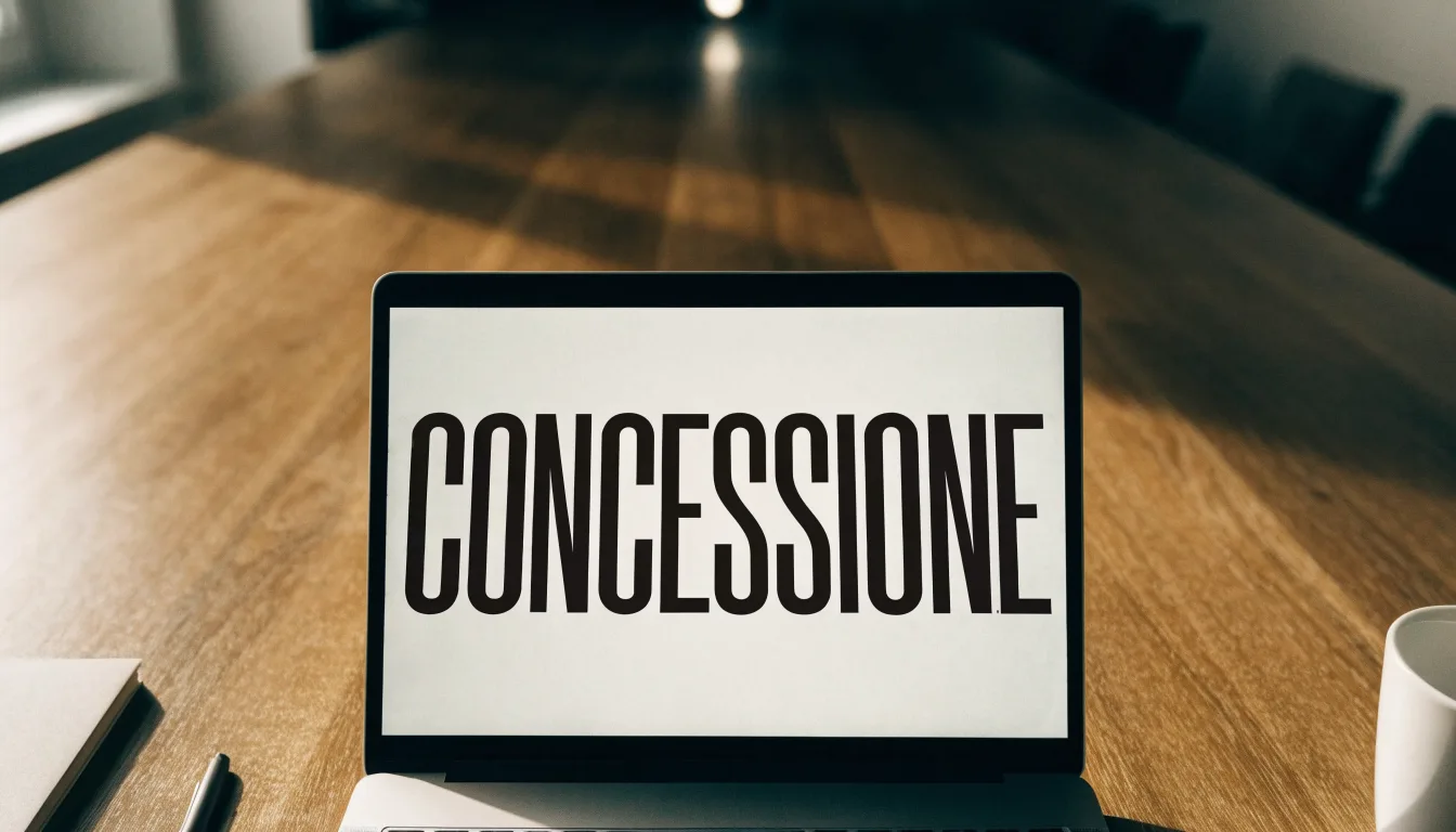 Un foglio di concessione in carta con un timbro rosso, appoggiato su una scrivania di legno accanto a una penna