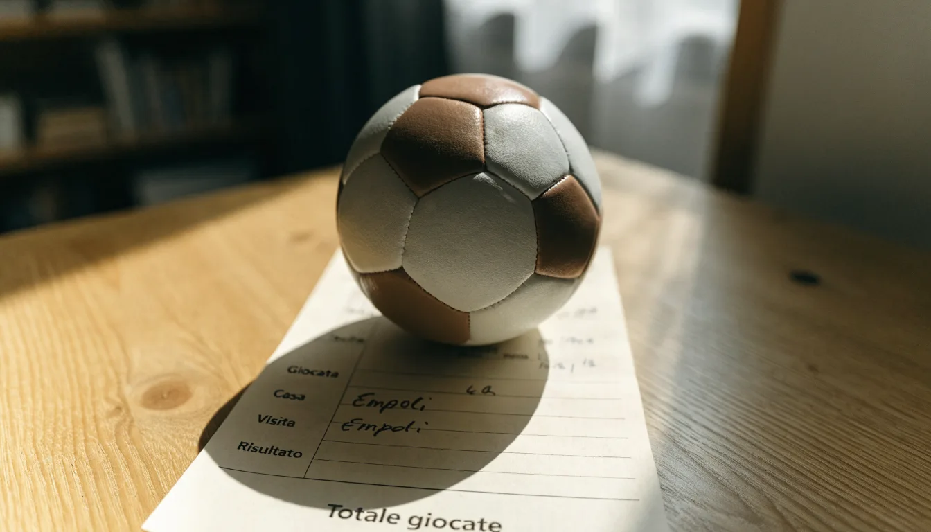 Un pallone da calcio appoggiato su una schedina bianca su un tavolo di legno, alla luce del giorno