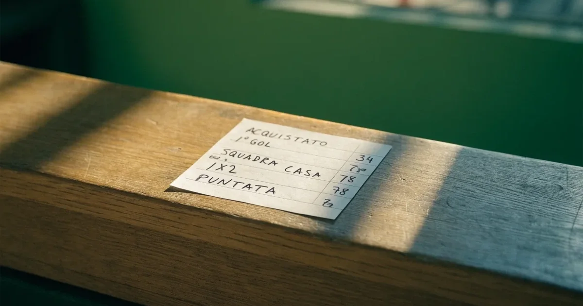 Una schedina con diverse selezioni segnate a penna su un bancone di legno
