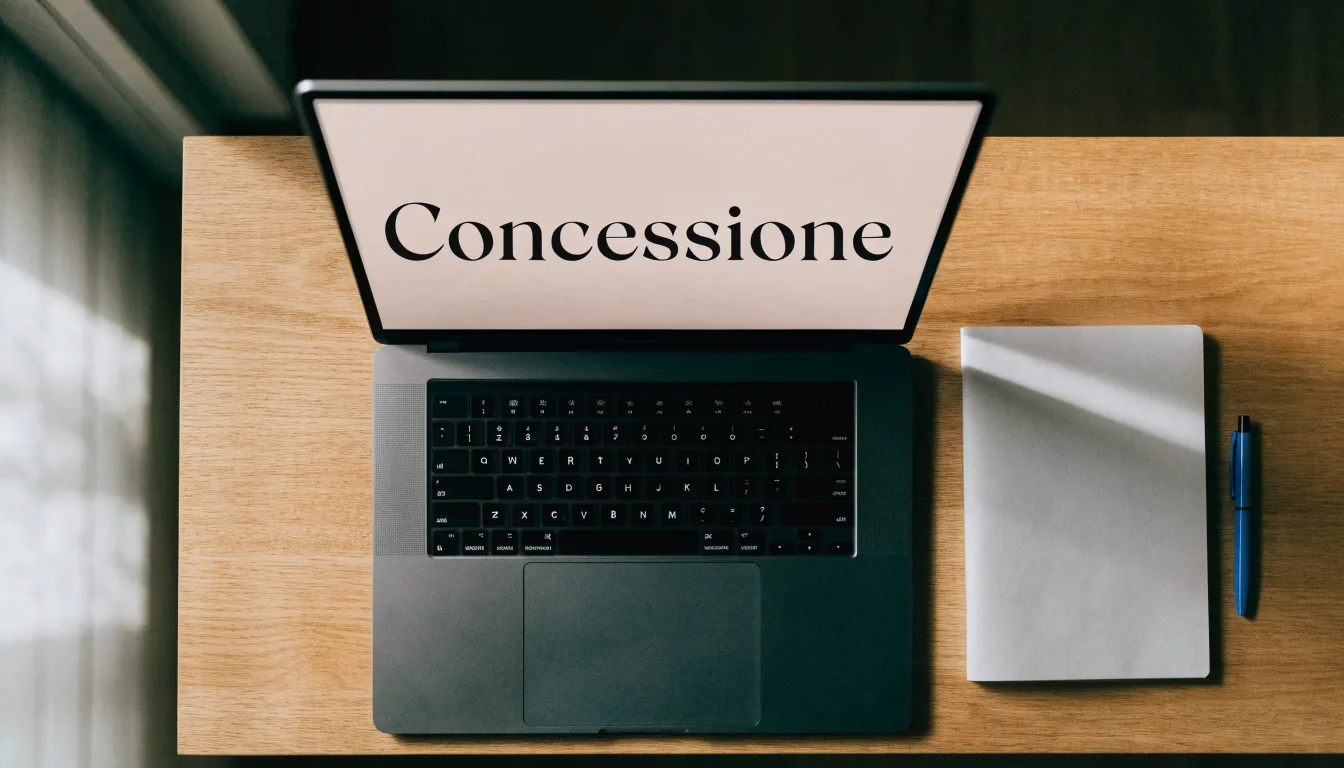 Un foglio di concessione in carta con un timbro rosso, appoggiato su una scrivania di legno accanto a una penna