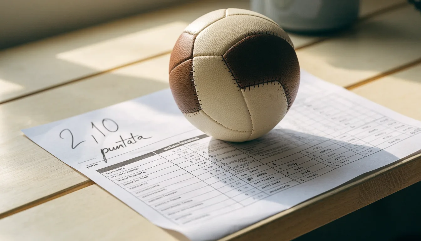Un pallone da calcio appoggiato su una schedina bianca su un tavolo di legno, alla luce del giorno