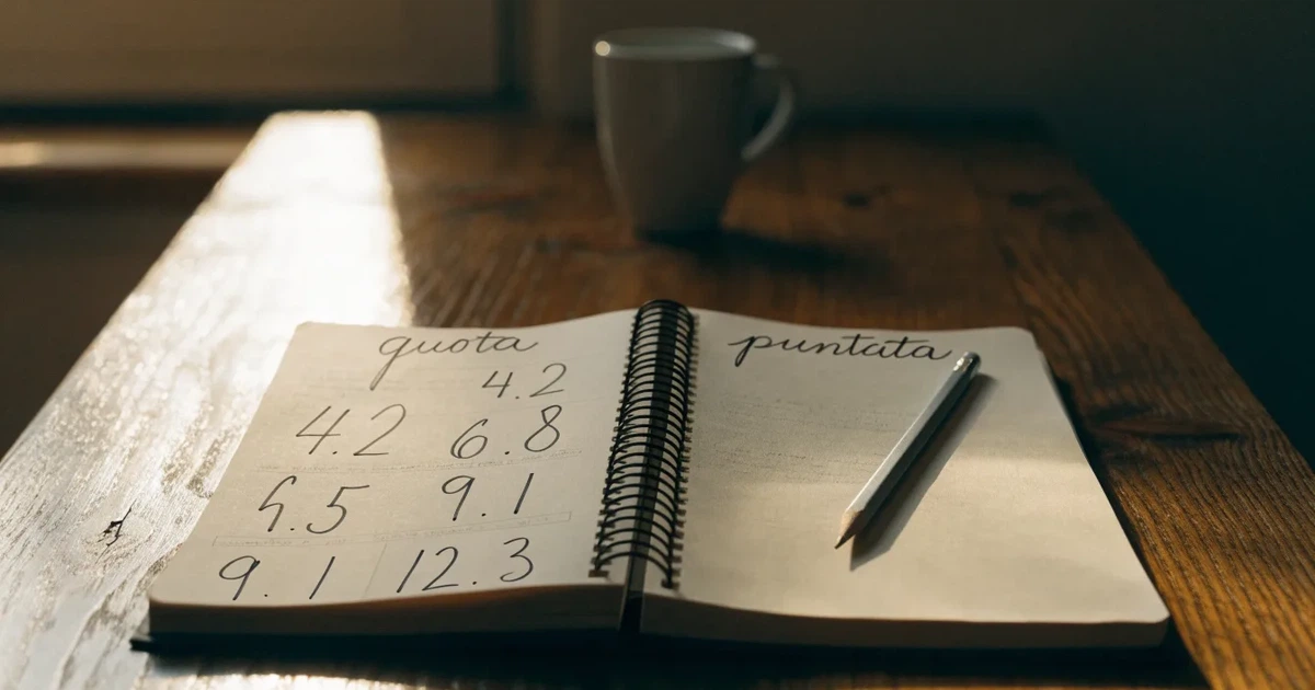 Un quaderno aperto con quote scritte a mano, una calcolatrice e una matita su un tavolo di legno