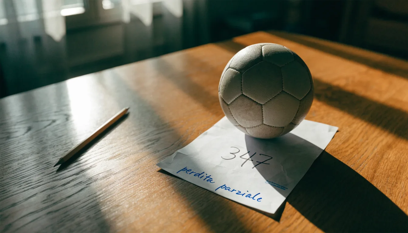 Un pallone da calcio appoggiato su una schedina bianca su un tavolo di legno, alla luce del giorno