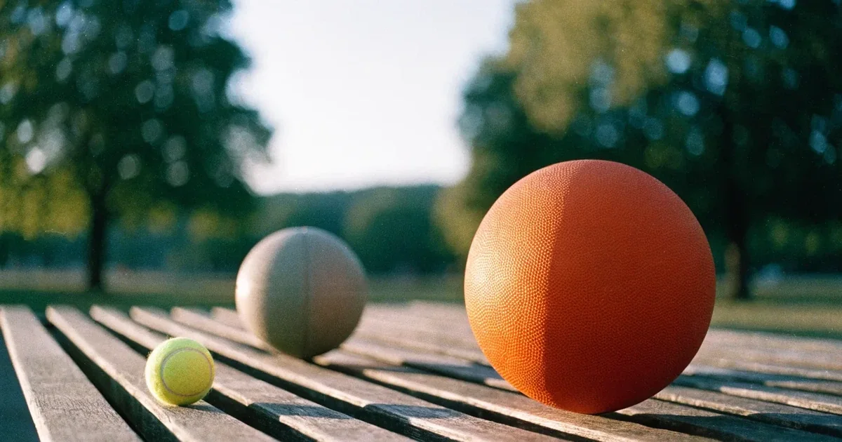 Tre palloni di sport diversi allineati uno accanto all'altro su una panca di legno