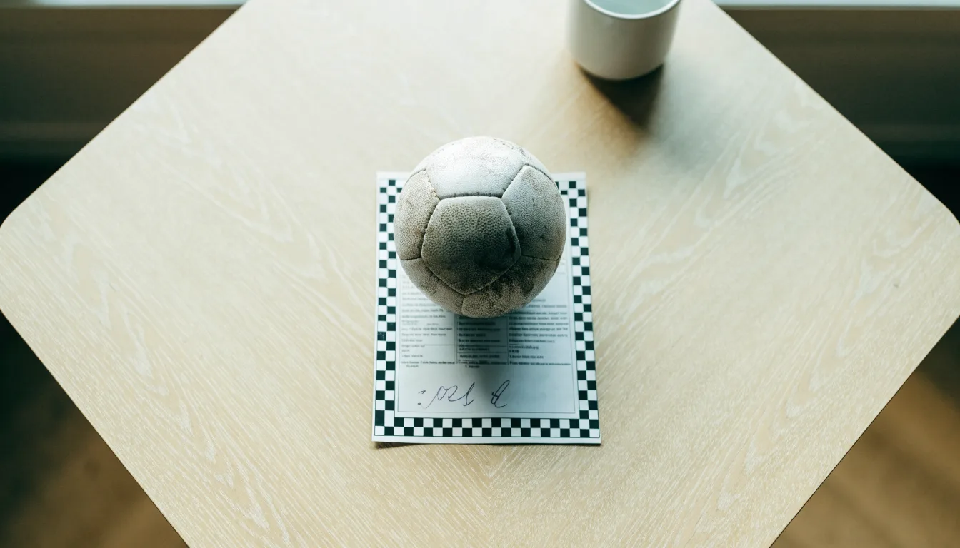 Un pallone da calcio appoggiato su una schedina bianca su un tavolo di legno, alla luce del giorno