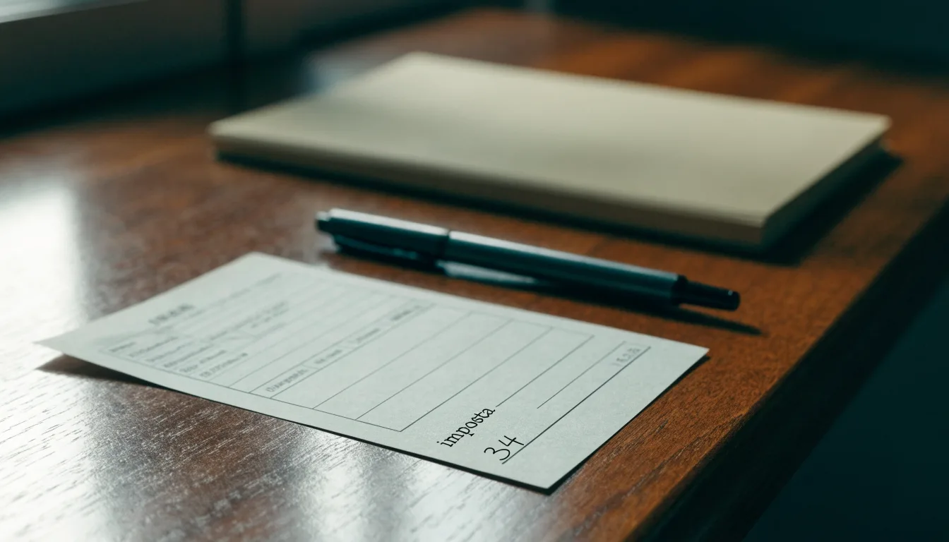 Un foglio di concessione in carta con un timbro rosso, appoggiato su una scrivania di legno accanto a una penna
