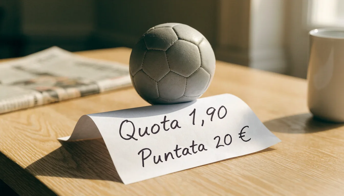 Un pallone da calcio appoggiato su una schedina bianca su un tavolo di legno, alla luce del giorno
