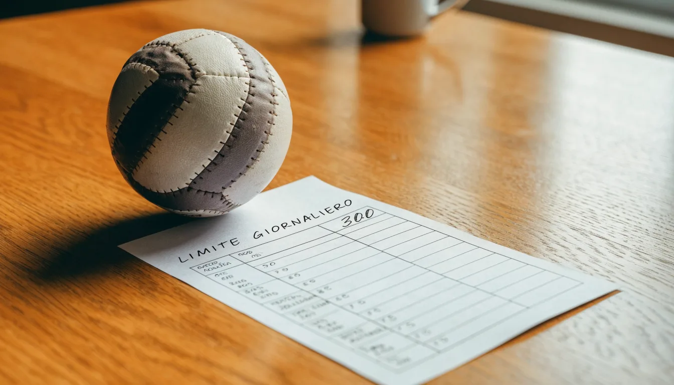 Un pallone da calcio appoggiato su una schedina bianca su un tavolo di legno, alla luce del giorno