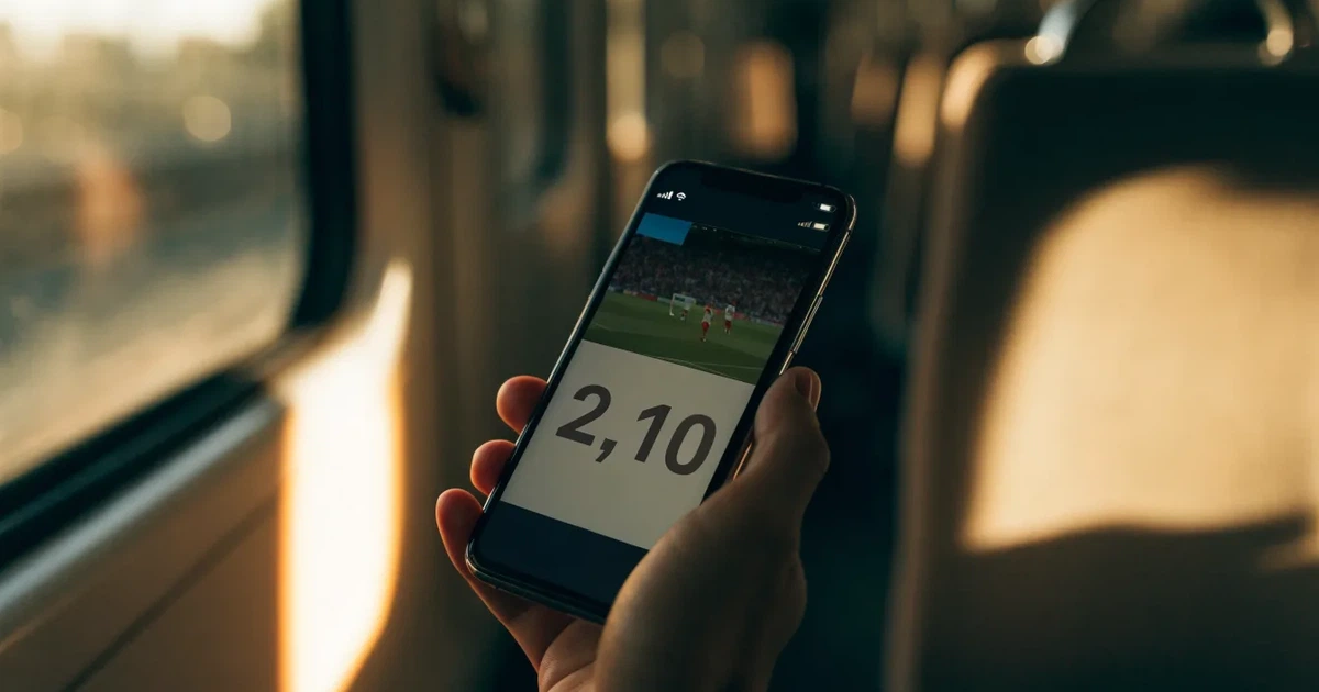 Una mano che tiene uno smartphone con una scommessa sullo schermo, su un treno nel tardo pomeriggio