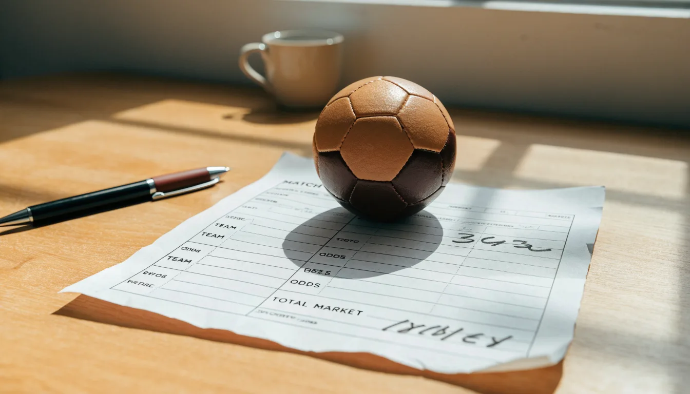 Un pallone da calcio appoggiato su una schedina bianca su un tavolo di legno, alla luce del giorno