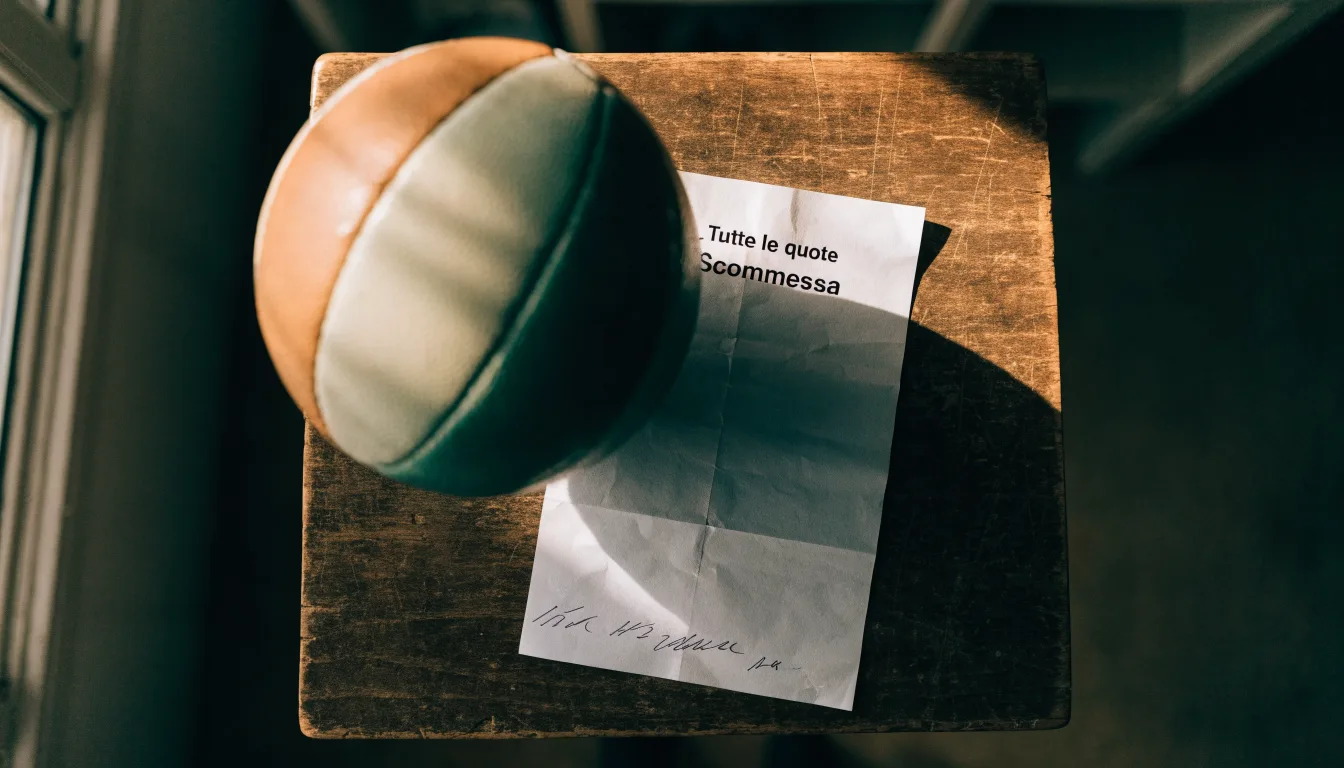 Un pallone da calcio appoggiato su una schedina bianca su un tavolo di legno, alla luce del giorno