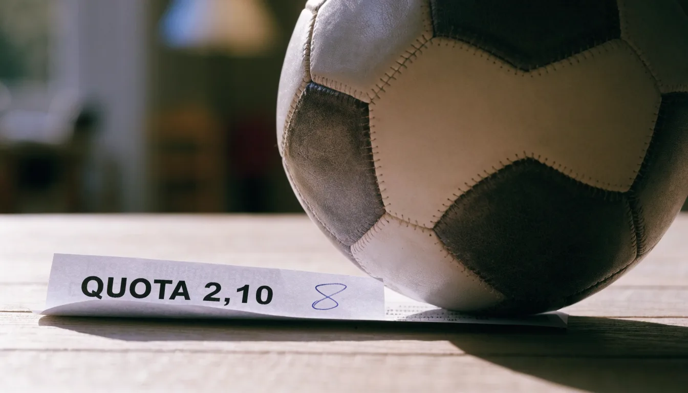 Un pallone da calcio appoggiato su una schedina bianca su un tavolo di legno, alla luce del giorno