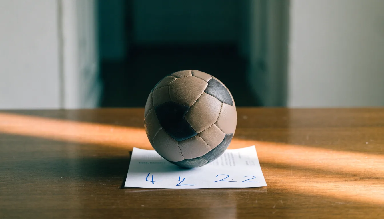 Un pallone da calcio appoggiato su una schedina bianca su un tavolo di legno, alla luce del giorno