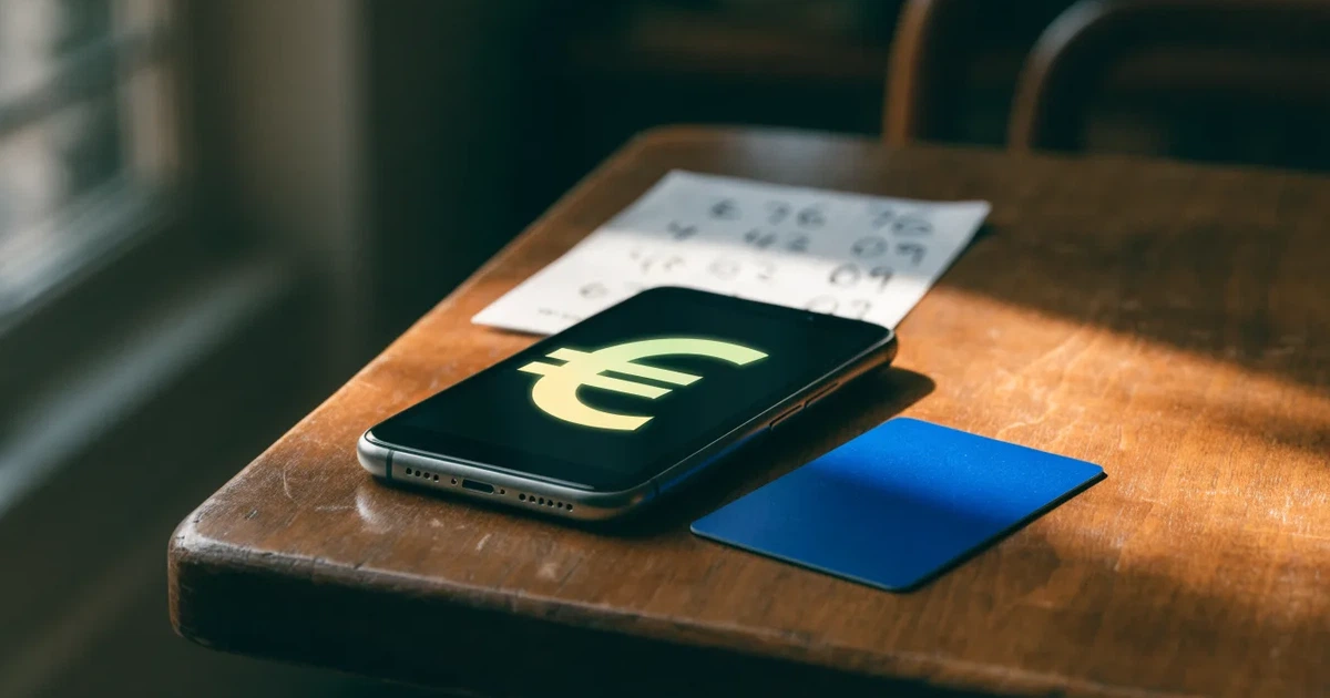 Uno smartphone e una carta di pagamento affiancati su un tavolo di legno, con alcune banconote da euro accanto