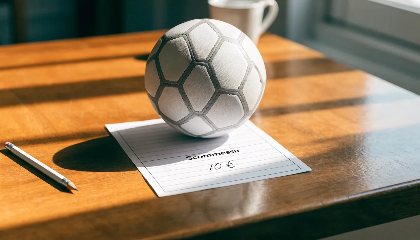 Un pallone da calcio appoggiato su una schedina bianca su un tavolo di legno, alla luce del giorno