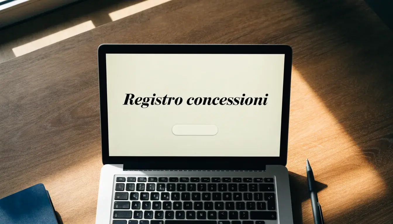 Un foglio di concessione in carta con un timbro rosso, appoggiato su una scrivania di legno accanto a una penna