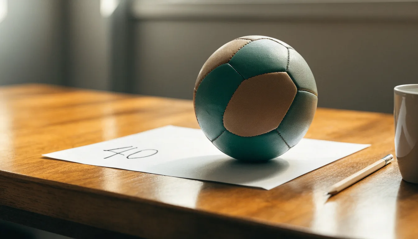 Un pallone da calcio appoggiato su una schedina bianca su un tavolo di legno, alla luce del giorno