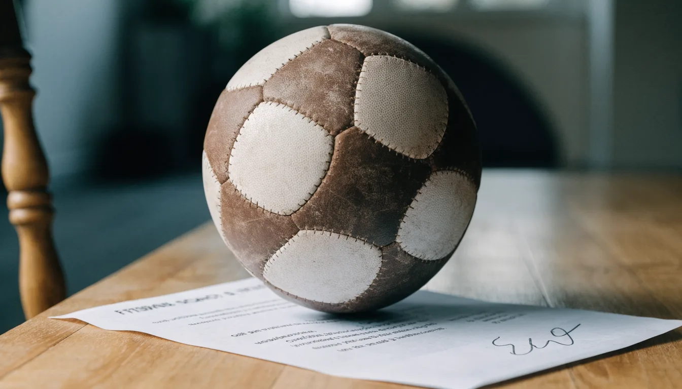 Un pallone da calcio appoggiato su una schedina bianca su un tavolo di legno, alla luce del giorno