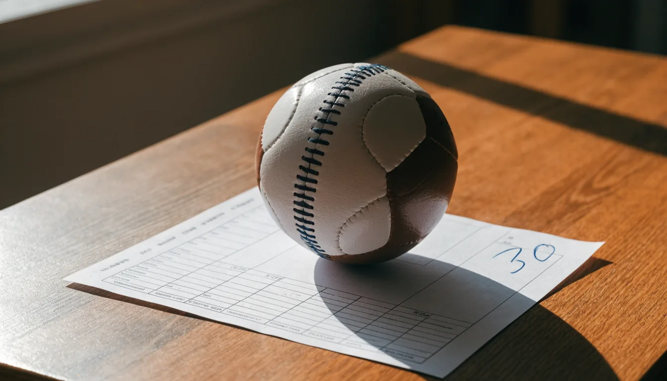 Un pallone da calcio appoggiato su una schedina bianca su un tavolo di legno, alla luce del giorno