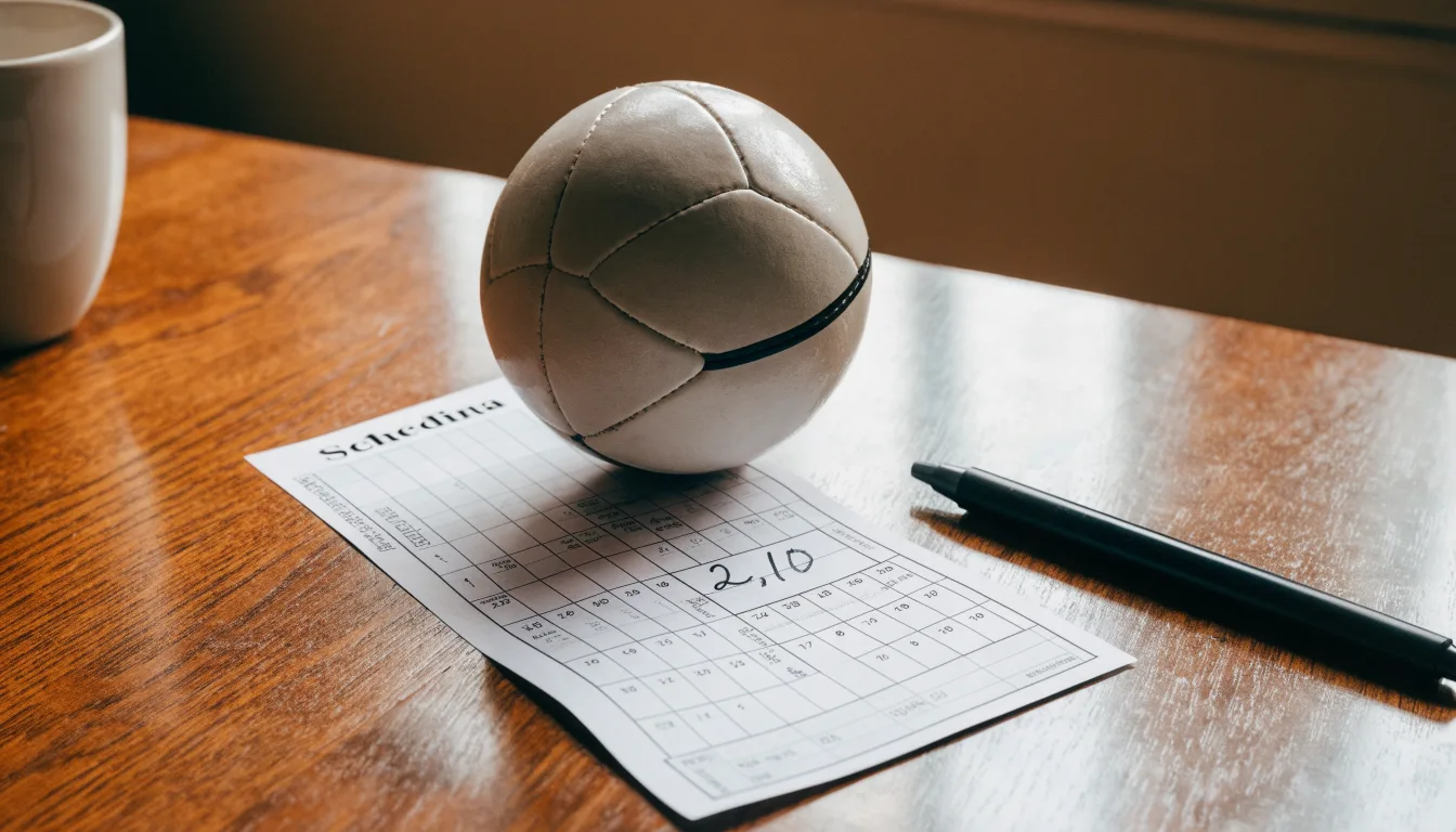 Un pallone da calcio appoggiato su una schedina bianca su un tavolo di legno, alla luce del giorno