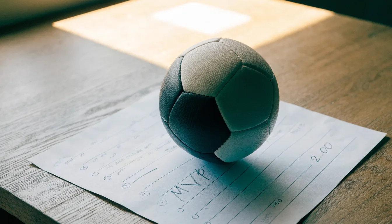 Un pallone da calcio appoggiato su una schedina bianca su un tavolo di legno, alla luce del giorno