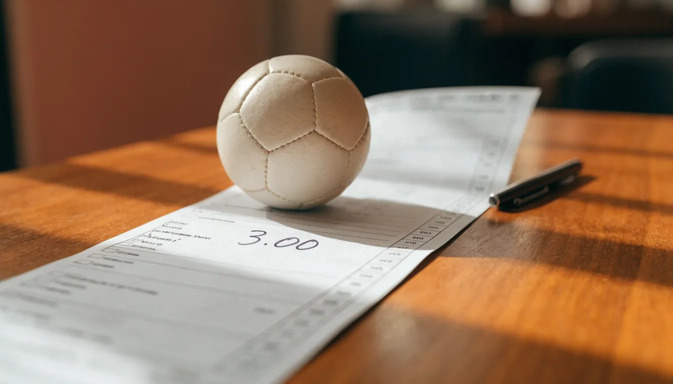 Un pallone da calcio appoggiato su una schedina bianca su un tavolo di legno, alla luce del giorno