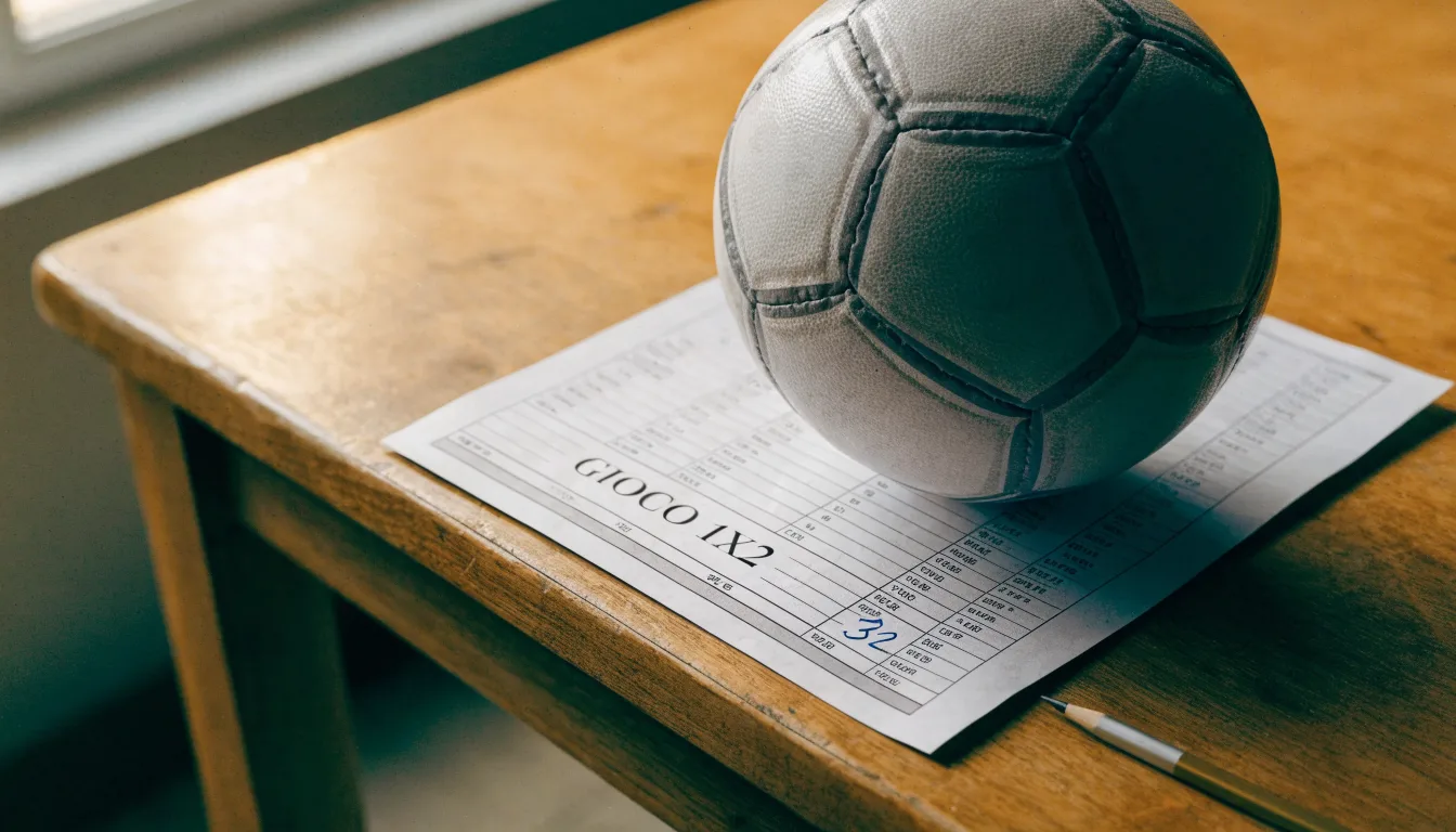Un pallone da calcio appoggiato su una schedina bianca su un tavolo di legno, alla luce del giorno