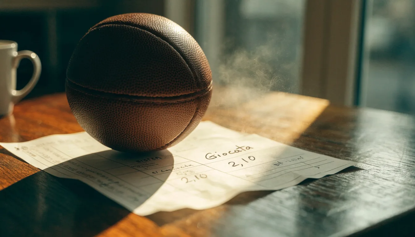 Un pallone da calcio appoggiato su una schedina bianca su un tavolo di legno, alla luce del giorno