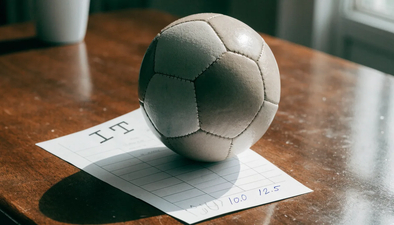 Un pallone da calcio appoggiato su una schedina bianca su un tavolo di legno, alla luce del giorno