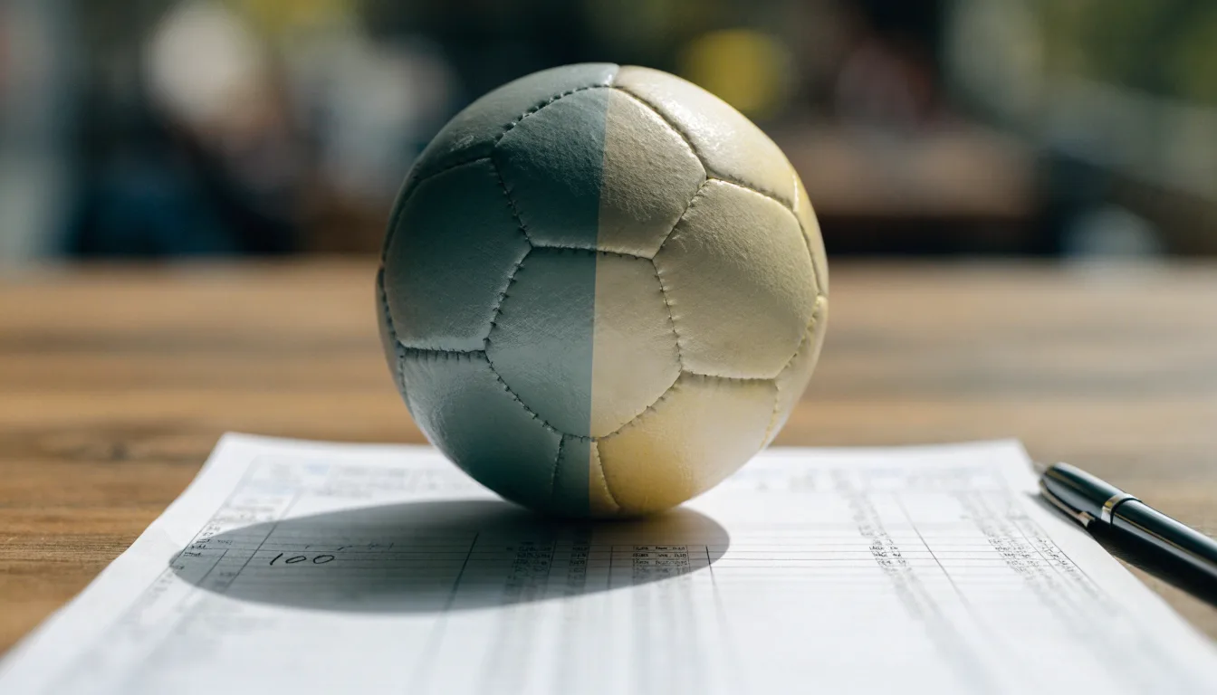 Un pallone da calcio appoggiato su una schedina bianca su un tavolo di legno, alla luce del giorno