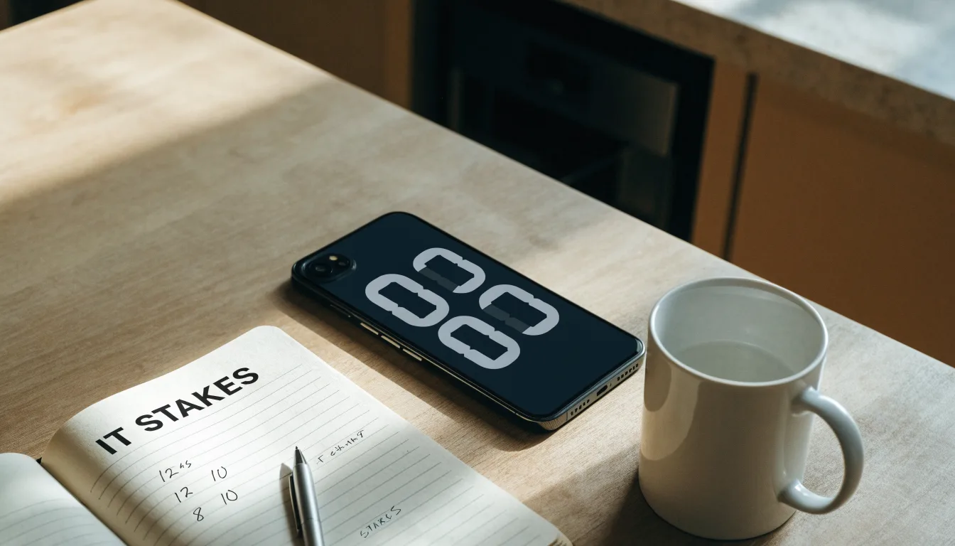 Un documento di identità appoggiato accanto a uno smartphone con un timer sullo schermo, su un tavolo da cucina