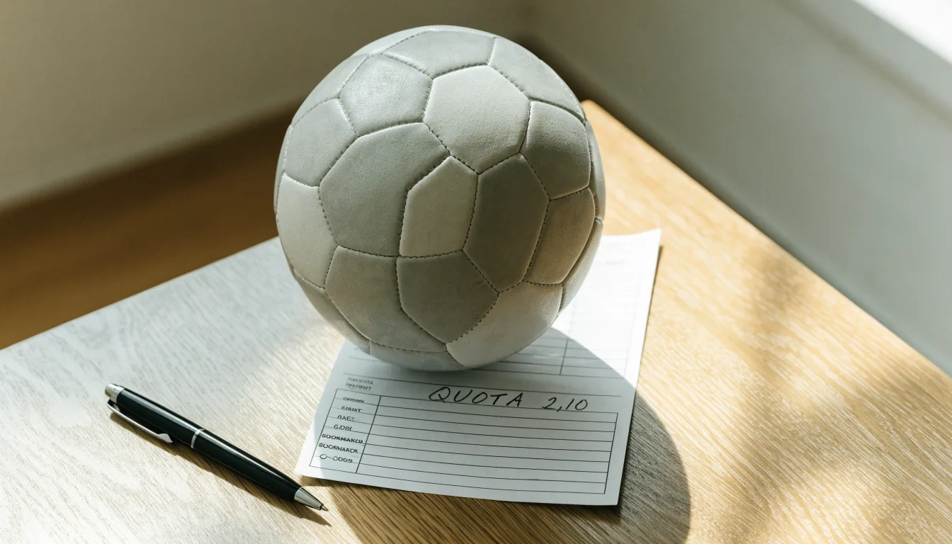 Un pallone da calcio appoggiato su una schedina bianca su un tavolo di legno, alla luce del giorno