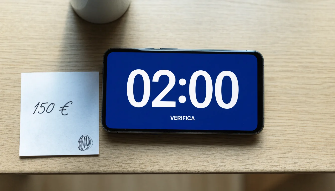 Un documento di identità appoggiato accanto a uno smartphone con un timer sullo schermo, su un tavolo da cucina