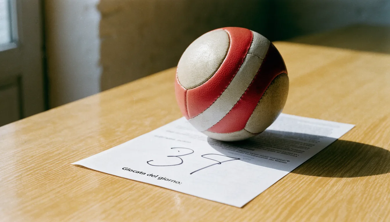 Un pallone da calcio appoggiato su una schedina bianca su un tavolo di legno, alla luce del giorno